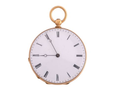  A gold open face fob watch,   no. 4181, cylinder movement, white enamel dial, Roman numerals, blued steel Breguet hands, fou