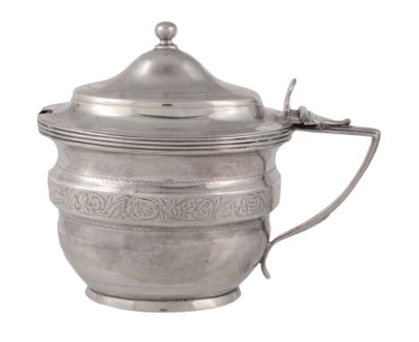  A George III silver oval baluster mustard pot by Alexander Field,   London 1804, with a ball finial to the domed cover, a mo
