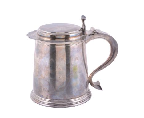  A silver straight-tapered tankard by Crichton Bros,   London 1930, in Charles II style, with a flat topped raised cover, a c