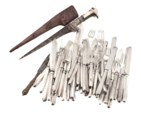  Eleven pairs of late Victorian silver threaded dessert knives and forks,   Sheffield 1897, engraved with a crest and a motto