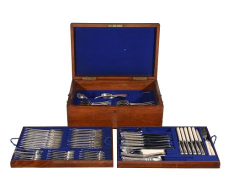  An electro-plated matched part table service,   with beaded borders, mostly engraved W, comprising: Twelve table forks Four 