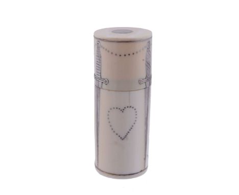  An ivory cylindrical box with inner scent bottle,   early 19th century, with pique work dagger and heart decoration, the inn