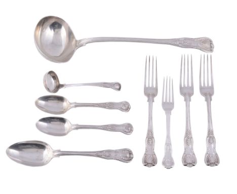  A matched Victorian silver King's pattern table service for six place settings,   some engraved with crests, comprising: Six