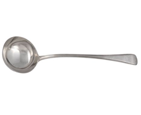  A Victorian silver fiddle and thread pattern soup ladle by George Adams for Chawner  &  Co.,   London 1864, engraved with a 