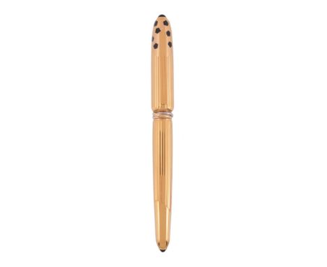  Cartier, Panthere, a gold plated fountain pen,   with a reeded cap and barrel, with trinity ring detail, the cap end with a 