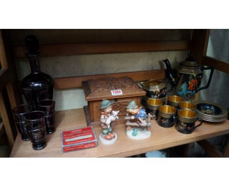 A Bursley ware chinoiserie part coffee service; together with two Hummel figures; a Chinese carved wood casket; and a Contine