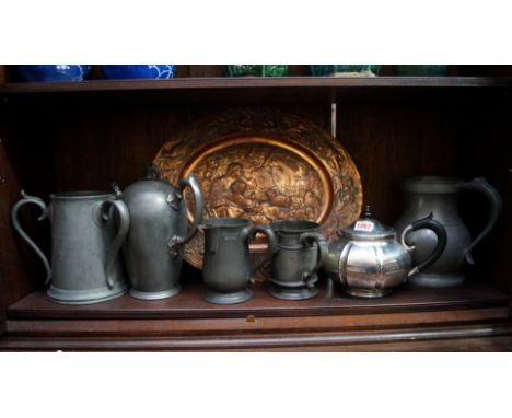A small quantity of pewter ware, to include a Victorian Pembroke College Boat Club Trial Eight tyg; a copper electrotype oval
