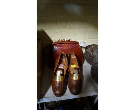 A vintage faux crocodile handbag; together with matching shoes.