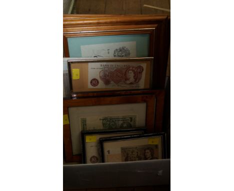 A small quantity of framed banknotes, to include a circa 1940s Bank of England £5 note, Chief Cashier is K Peppiatt.