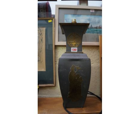 An Oriental pewter and brass mounted table lamp, height excluding fitting 43cm. 