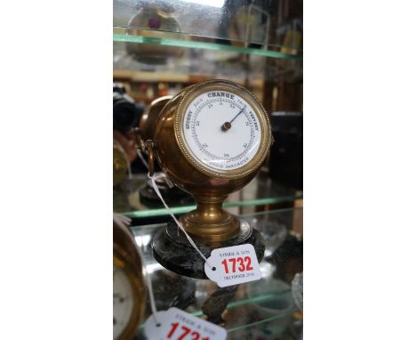 An old brass binnacle form aneroid barometer, on marble base, total height 14.5cm. 