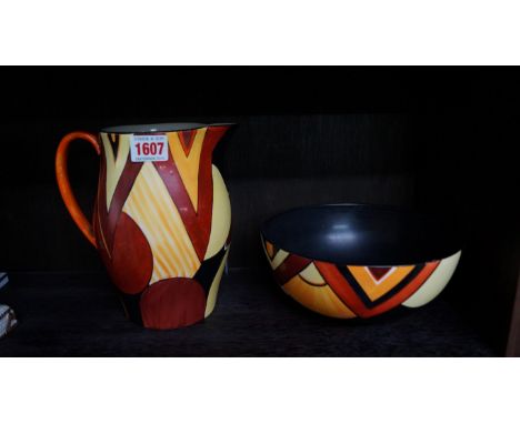A Crown Devon Art Deco jug and bowl, painted in pattern A19, each boldly painted with a geometric design, the jug 19.5cm, the
