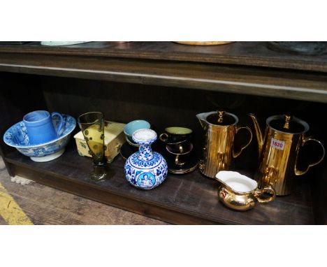 A Crown Devon honey pot and cover; together with a Royal Worcester gilt coffee set; a Brannam mug; a Venetian style glass bea