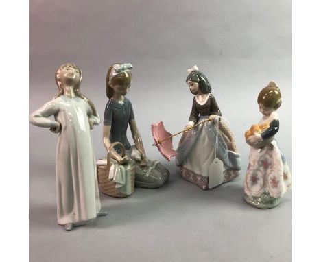 LLADRO FIGURE OF A GIRL WITH A PARASOL, along with three other Lladro figures (4)