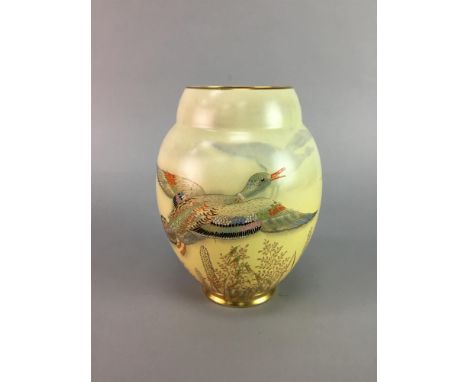 CARLTON WARE VASE, handpainted with a duck in flight; along with Newhall ceramic pedestal bowl and cigarette box and a Limoge