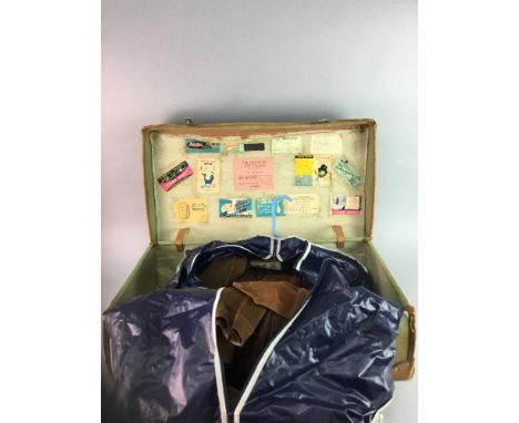 VINTAGE BROWN LEATHER SUIT, contained in a vintage travel case