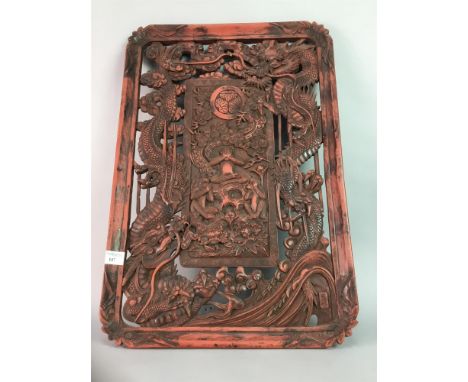20TH CENTURY CHINESE LACQUERED WOOD CARVED PANEL