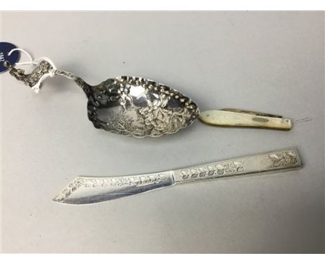19TH CENTURY DUTCH SILVER SERVING SPOON, along with a silver bladed pocket knife and a Victorian butter knife (3)