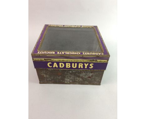 VINTAGE CADBURY CHOCOLATE BISCUITS LACQUERED SHOP COUNTER DISPLAY TIN, with glazed hinged lid