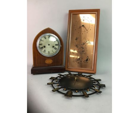 AN EDWARDIAN MANTEL CLOCK, along with other clocks and sundry items
