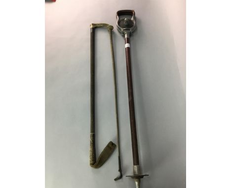 THREE VINTAGE HUNTING STICKS, along with five vintage riding crops