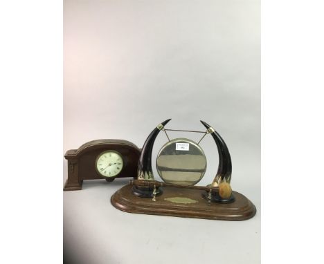 SMALL TABLE GONG, along with a mahogany mantel clock (2)