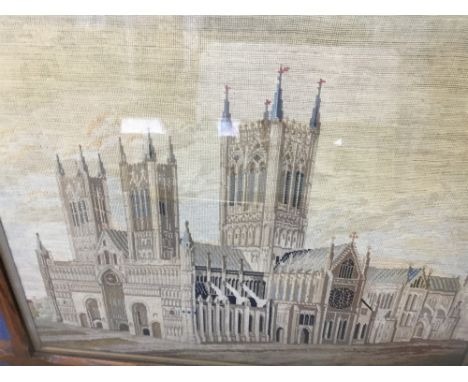 19TH CENTURY TAPESTRY, of a Cathedral in an oak Oxford frame