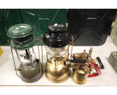 'Vapalux' Lamp, Tilley Lamp and Two Brass Blow Torches (Monitor and Govenor)