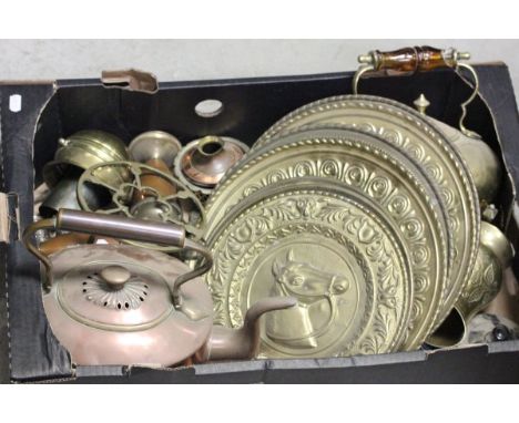 Quantity of Copper and Brassware including 19th century Copper Kettle, Brass Relief Plates, Two bed Warmers, Lamp, Oil Lamp e