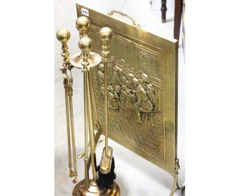 Brass Companion Set on Stand together with a Brass Fire Screen