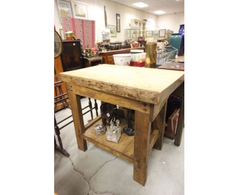 Substantial Vintage Pine Work Table with Heavy Oak Top