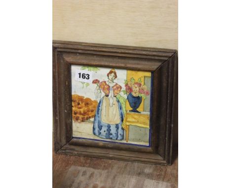 Framed Vintage Tile of Lady arranging Flowers