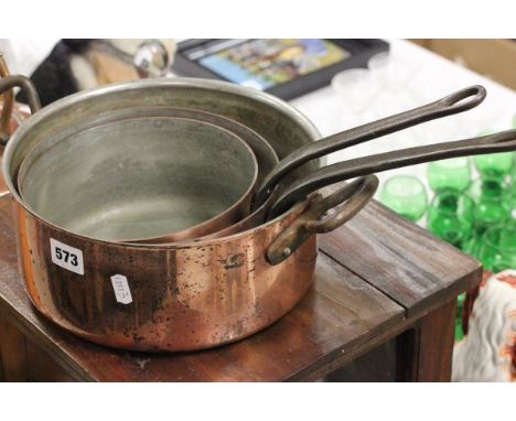 Pair of Vintage Copper & Iron Handled Saucepans and a Copper Pot