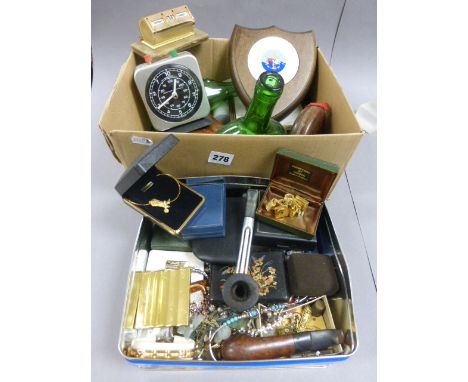 Tin of Mixed Collectables including Jewellery, Pipes and Pin Badges plus  Box of Collectables including Compass, Tape Measure