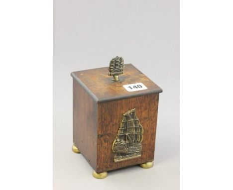 Oak Tea Caddy with Brass 'Victory' Sailing Ship plaque and bun feet