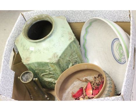 Doulton Silicon Jardiniere, Poole Carter Stabler Adams Dish (a/f), Green Glazed Jar and a Chinese Brass Vase