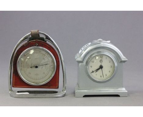 Small Barometer marked SB set in a Stirrup together with a Small White Metal Cased Mantle Clock