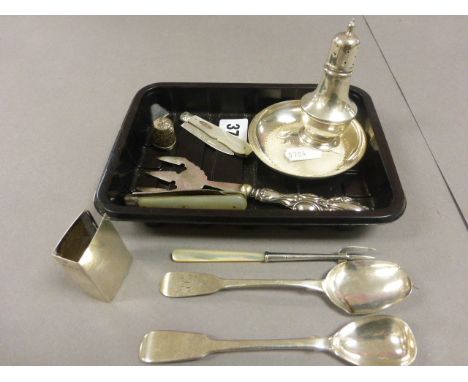 Tray of Silver Items including Penknives, Shaker, Fork, Matchbox Holder, etc