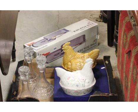Boxed Stainless Steel Fish Poacher, Three Glass Decanters, Boxed Set of Six Silver Plated Goblets and Two Ceramic Chicken Egg