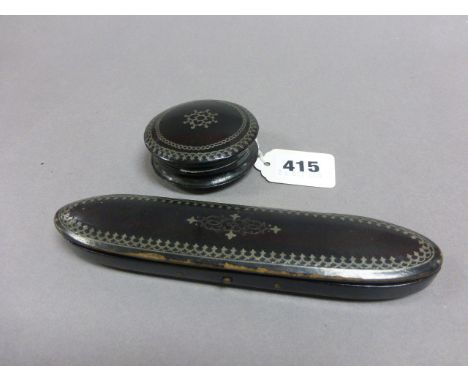 19th century Black Lacquered Papier Mache Spectacle Case and a Black Lacquered Papier Mache Circular Trinket Box