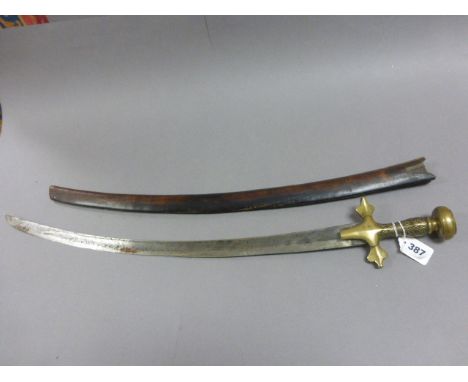 Middle Eastern Curved Sword with Brass Hilt and Wooden Scabbard