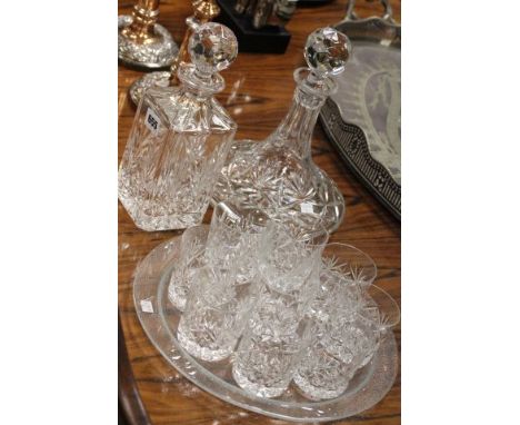 Square Cut Glass Decanter and Four Matching Glasses, Ships Cut Glass Decanter and Five Glasses plus a Glass Plate