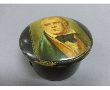 19th century Papier Mache Lidded 'Fortune Teller' Pot with a portrait of Walter Scott to Lid