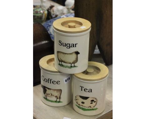 Set of Three Coffee, Sugar and Tea Ceramic Storage Jars with Farm Animal Deocoration