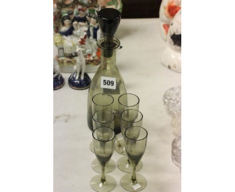 Smoked Glass Decanter and Six Glasses (possibly Whitefriars)