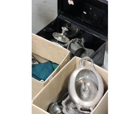 Victorian Black Tin Trunk with Silver Plate and a Two Boxes of Mixed Silver Plate