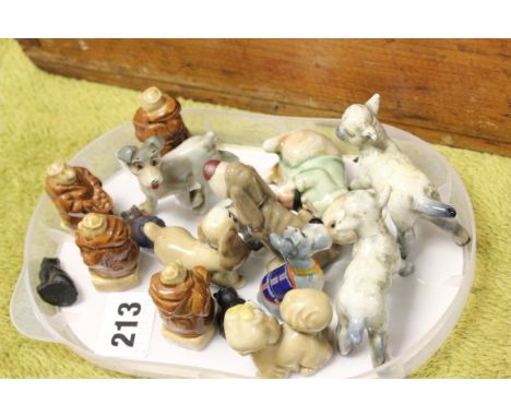 Four Wade Brothers Monks, Five Wade Lady & the Tramp Whimsies, Two Beswick Style Lambs, Pair of Victorian Glass Pugs and a Pa