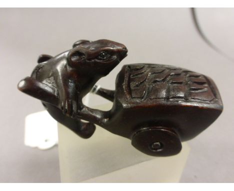Wooden Netsuke of a Mouse with Cart