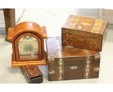 Two Victorian Inlaid Sewing Boxes, Inlaid Wooden Cribbage Board and a Brass Faced Mantle Clock