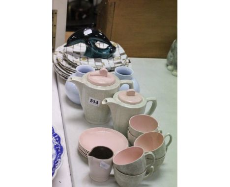 Poole Pottery Cream and Pink Part Tea Service, Two Poole Blue Vases, Poole Dolphin and Ten Midwinter Plates
